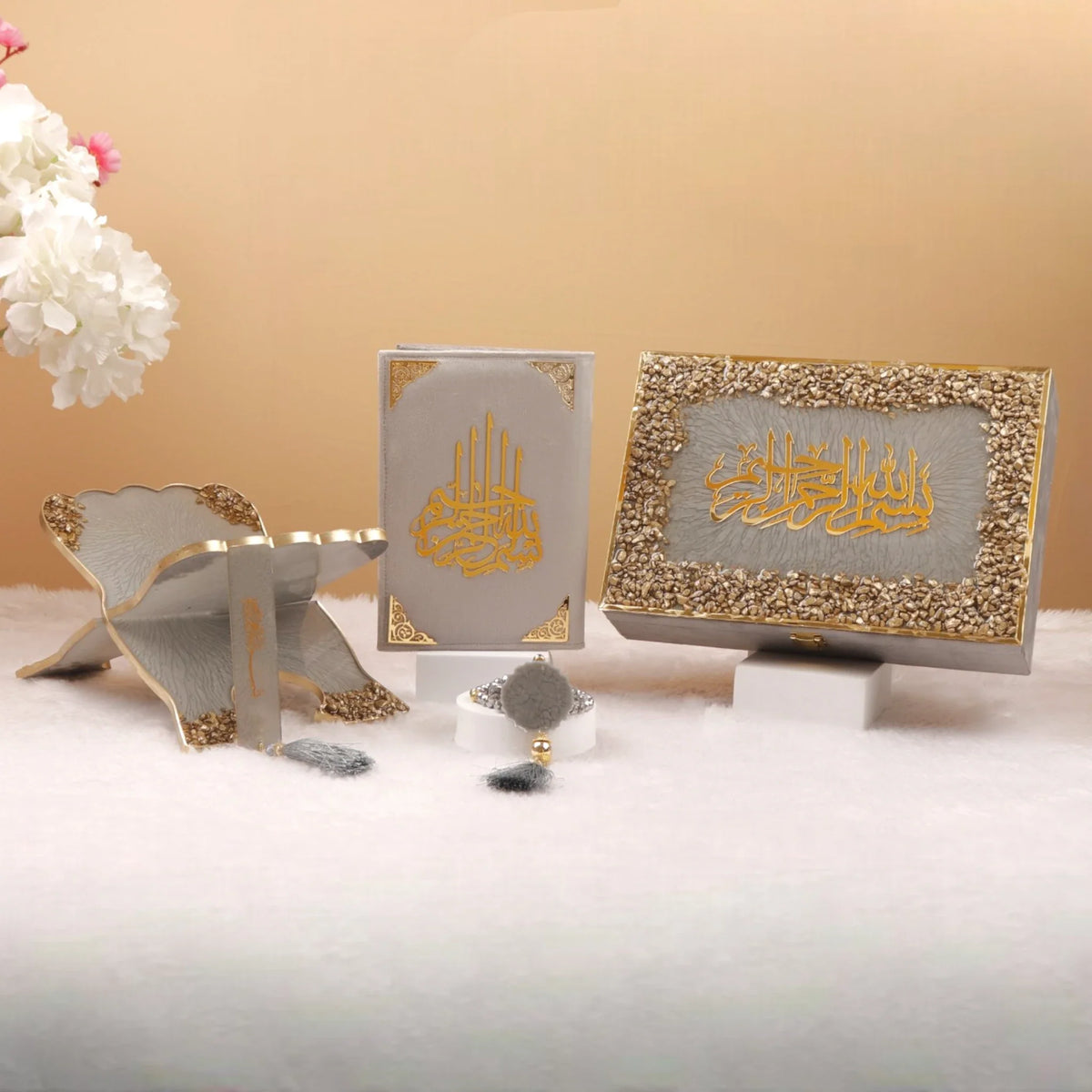 Premium Grey Stones Quran Gift Set with rehal, Quran, tasbeeh, and gift box. Elegant Islamic gift for Khatm-al-Quran or special occasions.