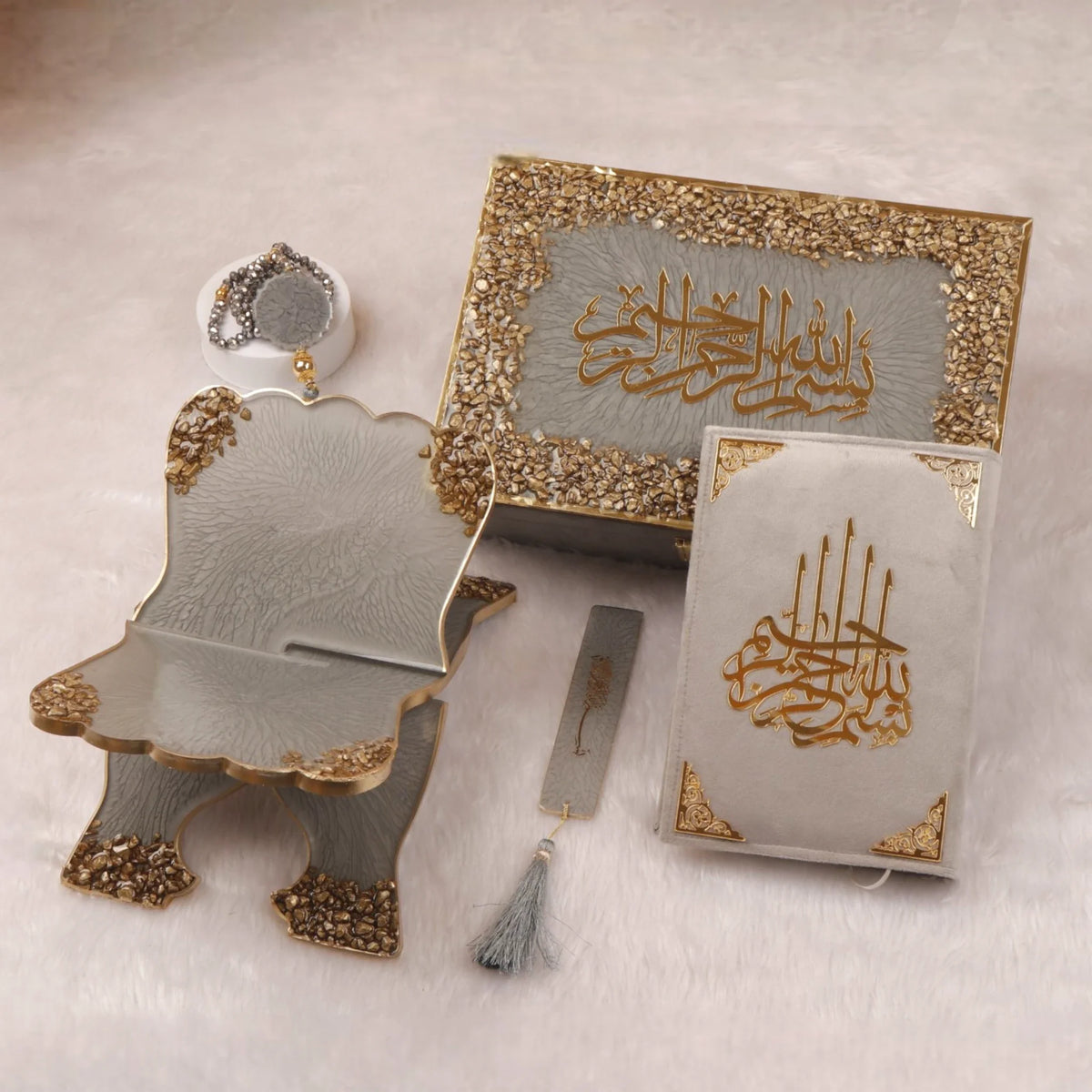 Grey Stones Quran Gift Hamper featuring a velvet Quran, decorative rehal, acrylic tasbeeh, and luxury box. Ideal Islamic gift set for men.