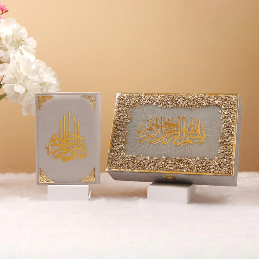 Premium bridal Quran gift set featuring a grey velvet Quran and embellished box with golden Arabic calligraphy. Elegant Islamic wedding gift.