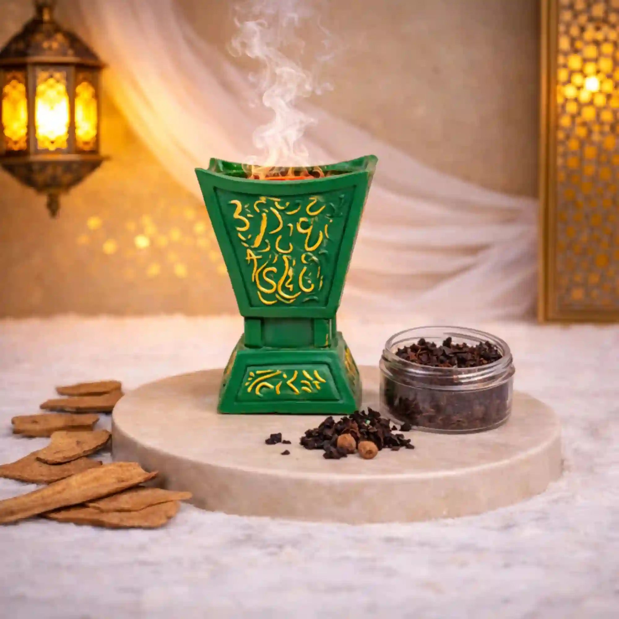 Green Majesty Bakhoor Burner with Arabic calligraphy, releasing aromatic smoke, ideal for Ramadan & EID home decor and gifting.