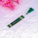 Green Islamic personalized bookmark with gold glitter and green tassel, perfect for gifting or as a wedding favor with elegant calligraphy.