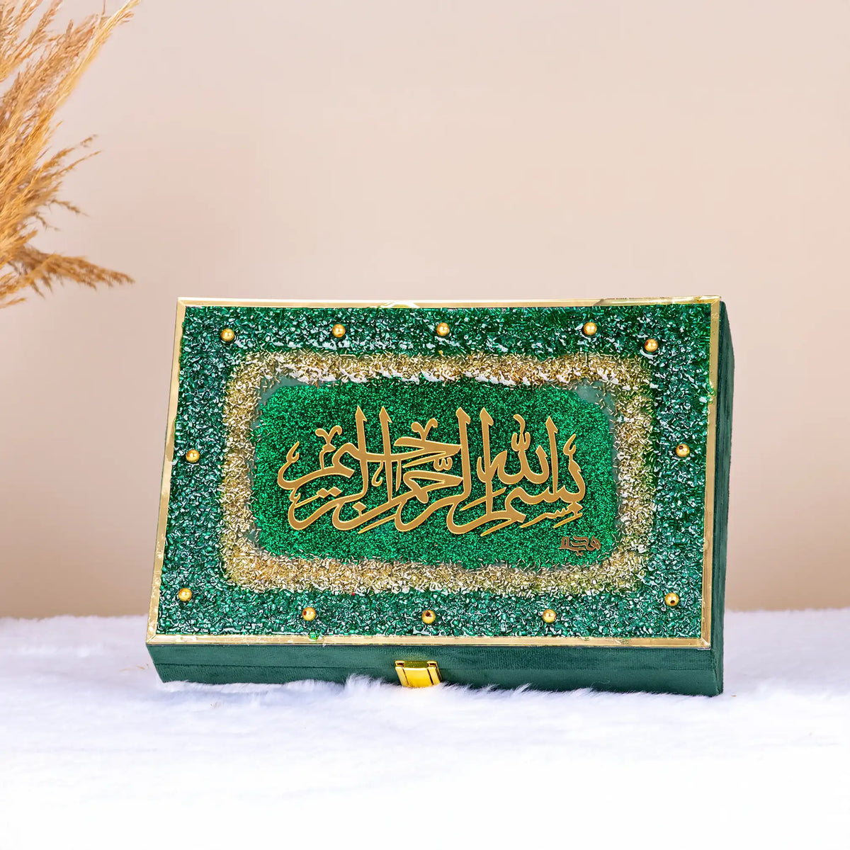 Premium green glittered Quran box with golden Arabic calligraphy from The Bling Collection, ideal for Sawab-e-jariya and bridal gifting.