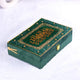 Green glittered Quran box with golden Arabic calligraphy, a key item in the Bridal Hamper - The Bling Collection for Sawab-e-jariya gifting.