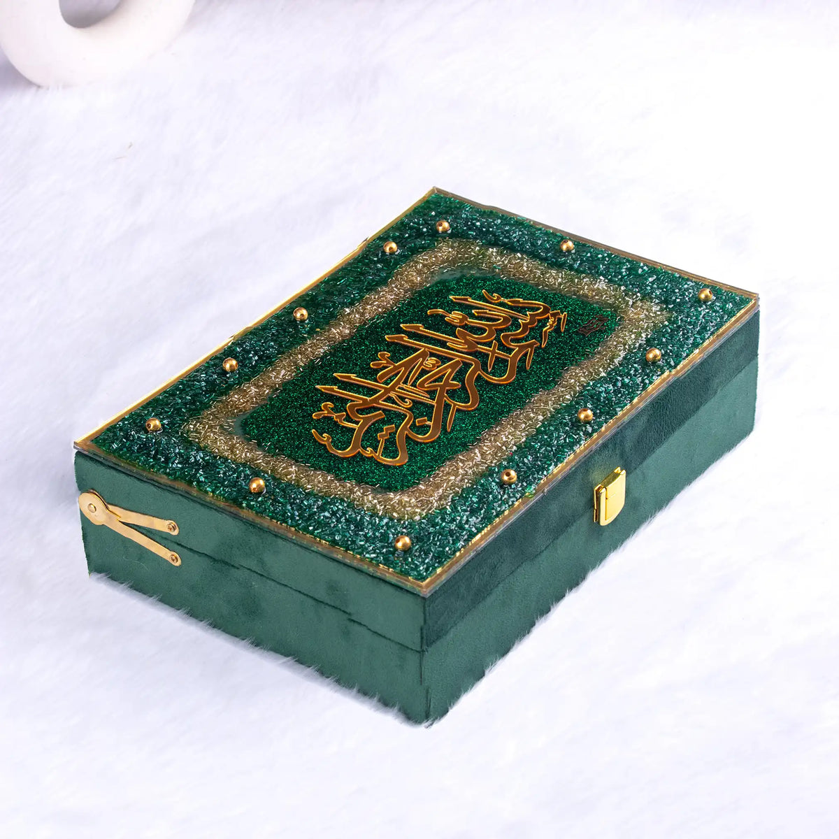 Green Handmade Resin Gift Box with Arabic calligraphy, flat-lay view. Designer box for prayer essentials or bridal gifting.