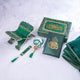 Green Bridal Sawab-e-jariya Hamper with glittered Quran box, tasbeeh, rehal, and velvet prayer mat from The Bling Collection, ideal for Islamic gifting.