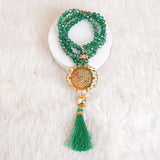 Green Crystal Tasbeeh with 100 beads and gold Islamic medallion