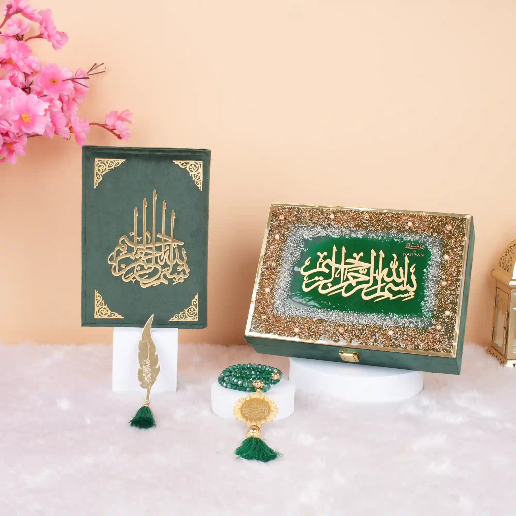Green Sequence Tilawat-e-Quran gift set with Quran, tasbih, and decorative box, ideal for Ramadan and wedding gifting from Hadiyah Gifting. Main image