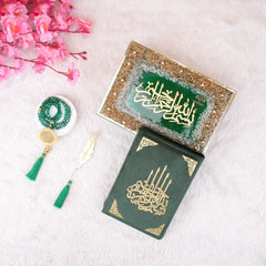 Elegant Green Sequence Tilawat-e-Quran set with Quran, prayer beads, and ornate box, perfect for Islamic gifting occasions.