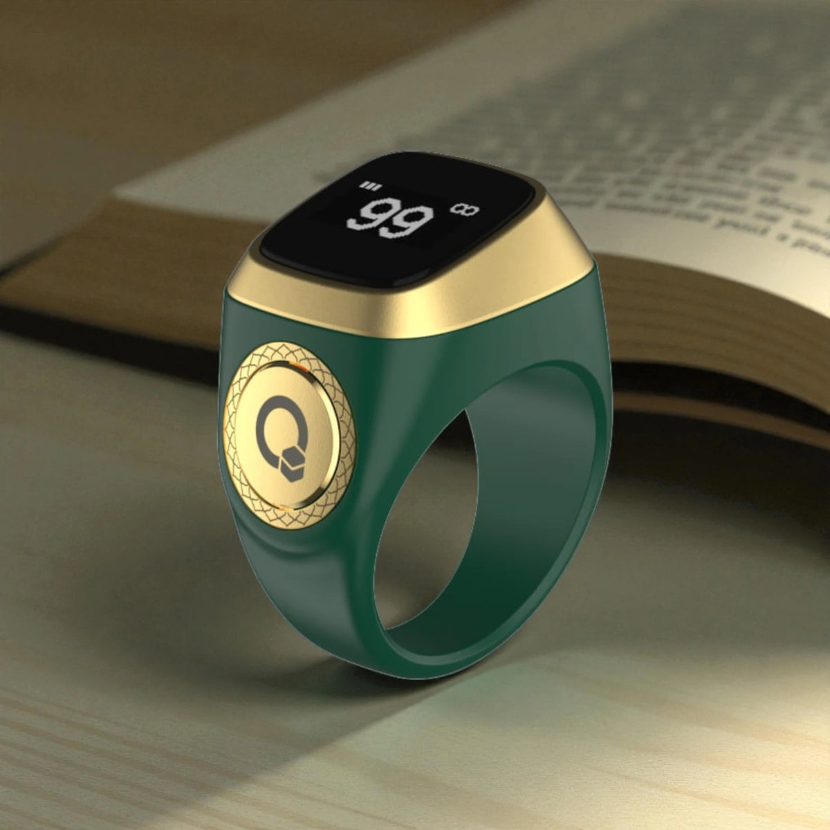 Green and gold Zikr Ring with OLED display and digital tasbeeh counter, perfect for Ramadan and Eid gifts.