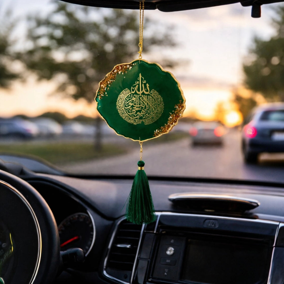 Green Duet Golden Flakes Car Hanging with Islamic calligraphy and tassel