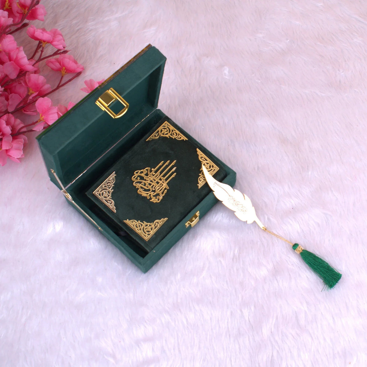 Velvet Quran Gift Set - Green Flakes Mini Tilawat-Quran in a green velvet box with gold detailing and feather bookmark. Ideal religious gift item.