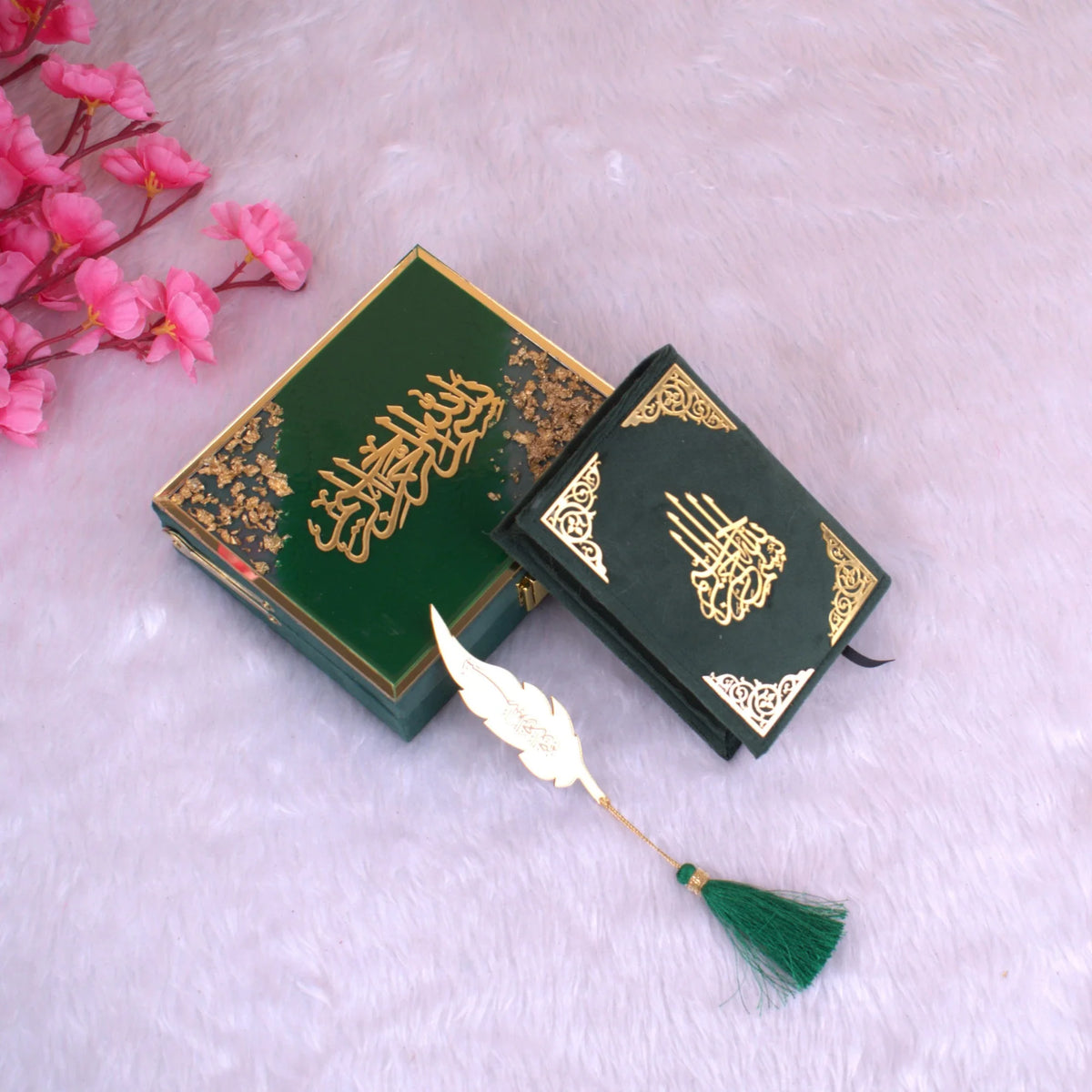 Velvet Quran Gift Set - Green Flakes Mini Tilawat-Quran with gold calligraphy, matching designer box, and feather bookmark. Ideal religious gift item.