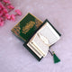 Velvet Quran Gift Set - Green Flakes Mini Tilawat-Quran with gold-accented box, feather bookmark, and green tassel. Ideal for religious gifting.