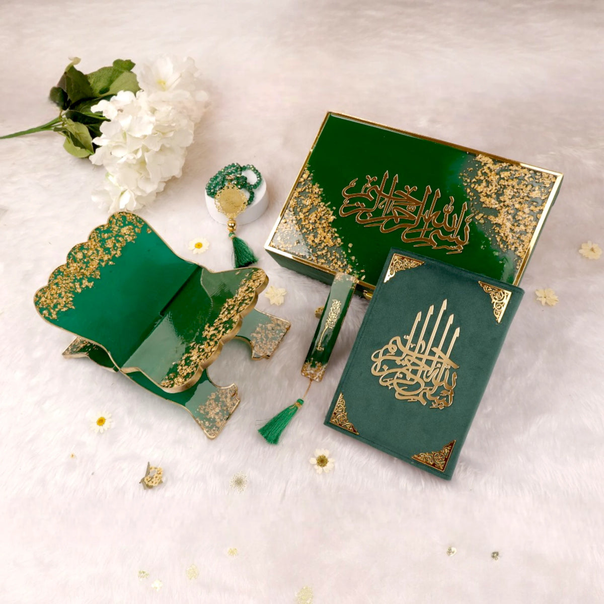 Top view of Green Flakes Rehal Hamper with Quran, Tasbeeh, Rehal and gift box. Elegant religious gift set for Khatm-al-Quran or Eid gifting.