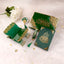 Top view of Green Flakes Rehal Hamper with Quran, Tasbeeh, Rehal and gift box. Elegant religious gift set for Khatm-al-Quran or Eid gifting.
