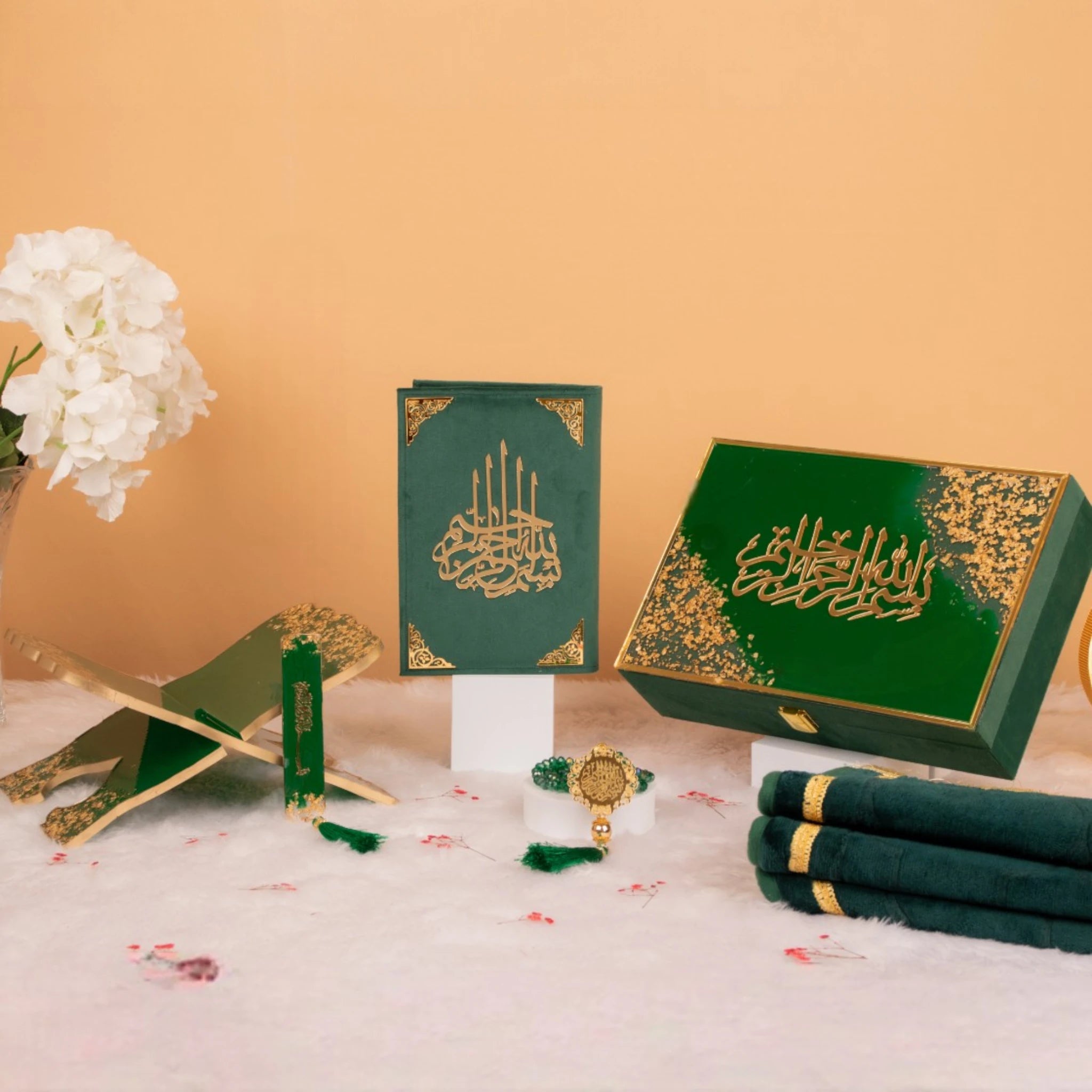 Green Flakes Sawab-E-Jariya Hamper featuring Quran, Rehal, Tasbeeh, and decorative box, ideal for Islamic gifting occasions. Main image