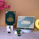Green Flakes Tilawat-e-Quran gift set with velvet Quran, crystal Tasbeeh, and feather bookmark in a decorative box. Ideal for weddings and Umrah gifts.