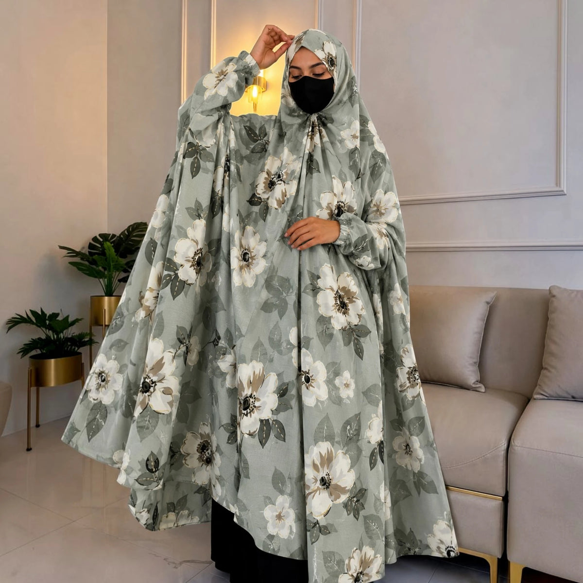 Green Floral Full Length Printed Cotton Namaz Makhna