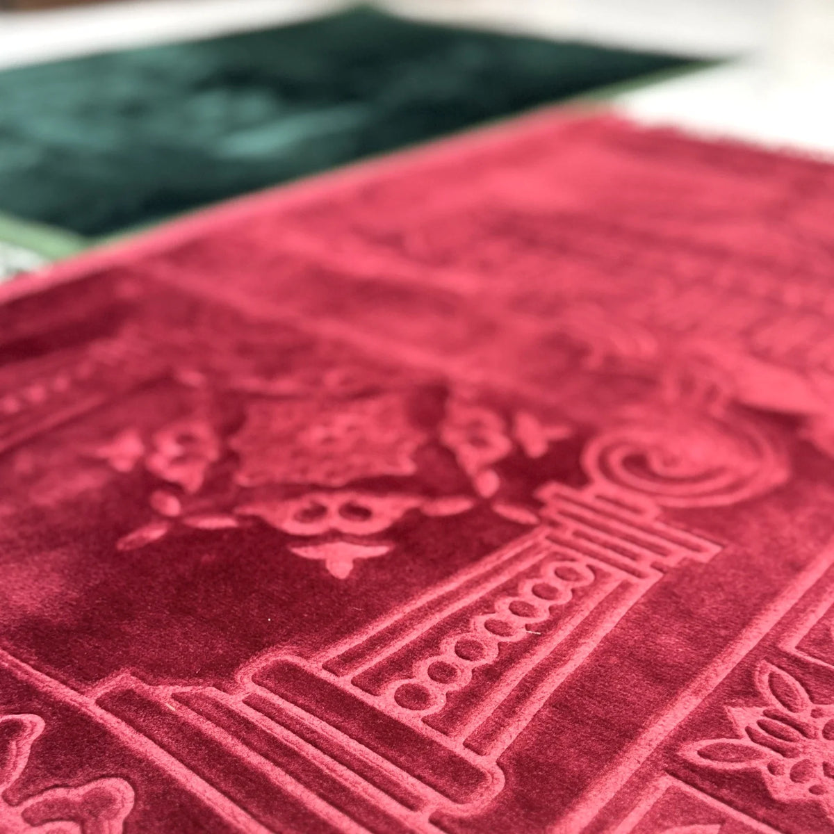 Detailed texture of maroon prayer mat from Couple Janamaz Set, ideal for elegant Islamic wedding gifts.