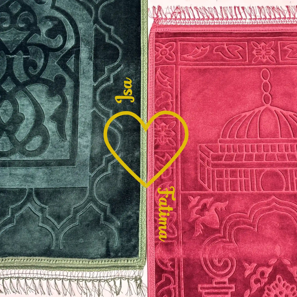 Two prayer mats, one green and one red with intricate patterns, on a white background.