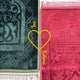 Two prayer mats, one green and one red with intricate patterns, on a white background.