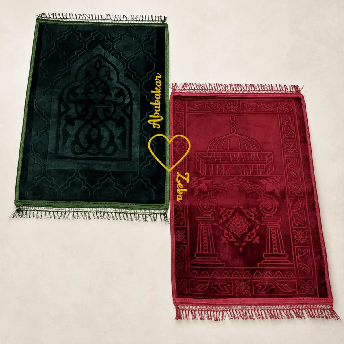 Couple Janamaz Set in green and maroon with heart design, perfect Islamic prayer mats for weddings or bridal gifts.