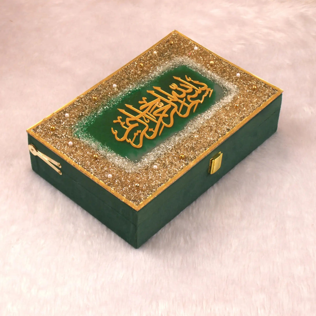 Luxurious green and gold embellished gift box from the Green Sequence Tilawat-e-Quran set, ideal for ceremonial gifting.