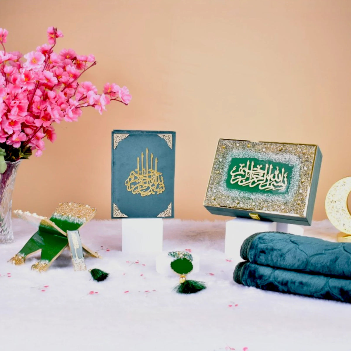 Premium Kids Quran Gift Set in green with decorative box, prayer mat, tasbeeh, and Islamic accessories. Perfect for Ramadan gifting.
