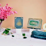 Premium Kids Quran Gift Set in green with decorative box, prayer mat, tasbeeh, and Islamic accessories. Perfect for Ramadan gifting.