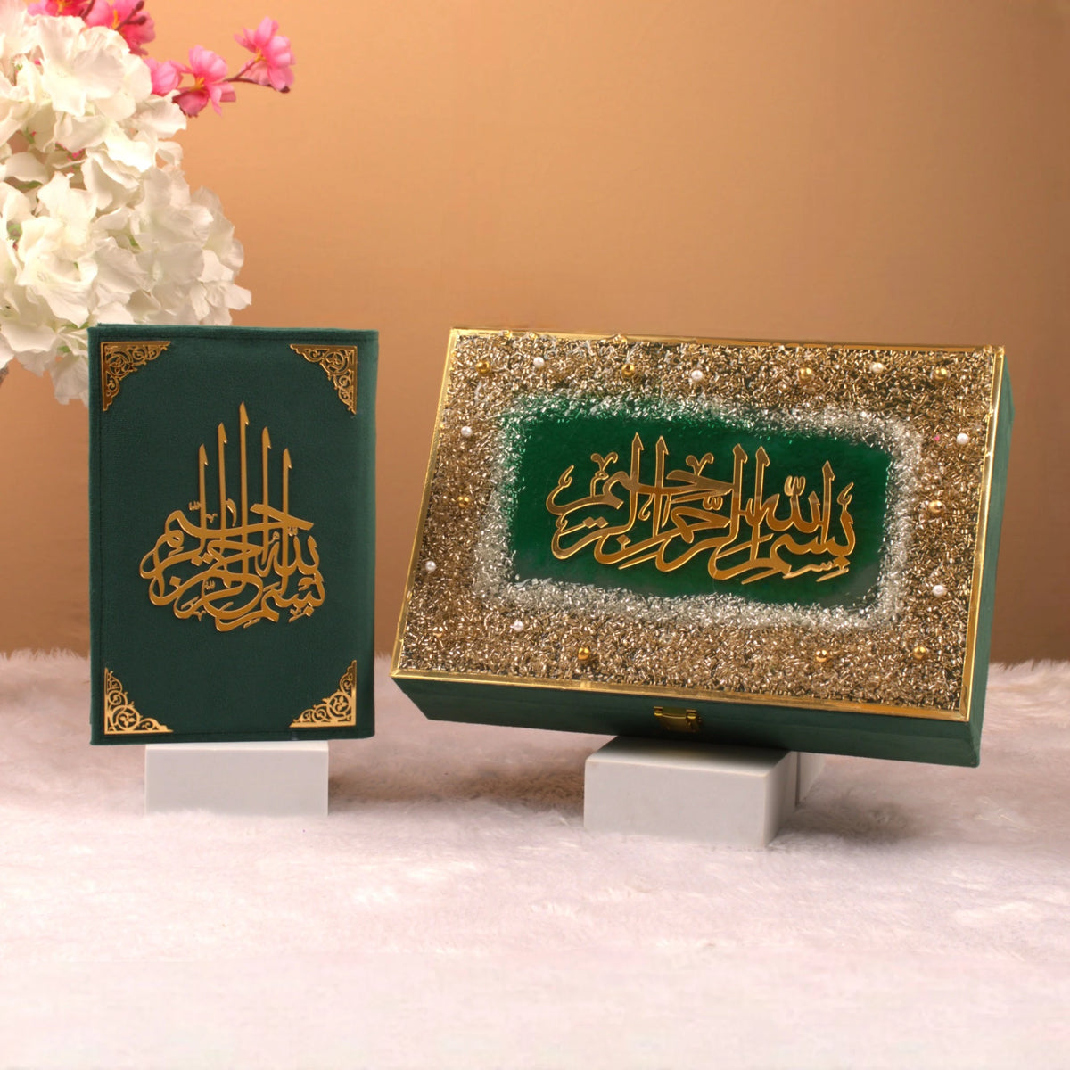Green velvet Quran and glittered Islamic gift box from the Sawab-E-Jariya Hamper, perfect for Eid, weddings, or spiritual gifting.