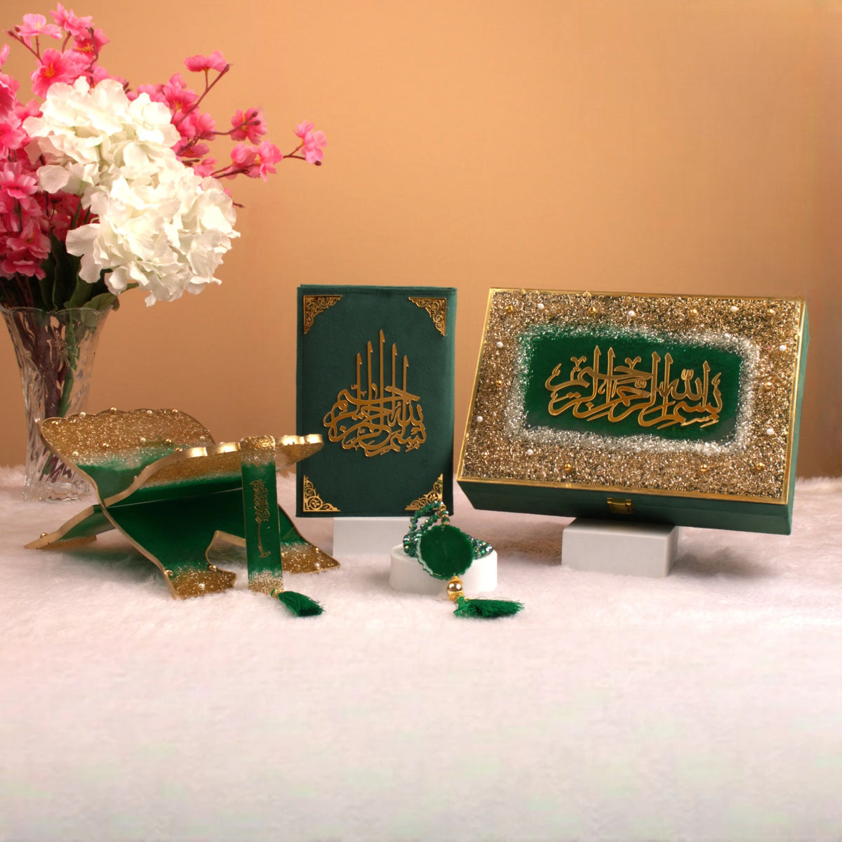 Bridal Hamper Gift Set - Green Sequence Rehal with velvet Quran, tasbeeh, and decorative box, ideal for weddings and religious gifting.