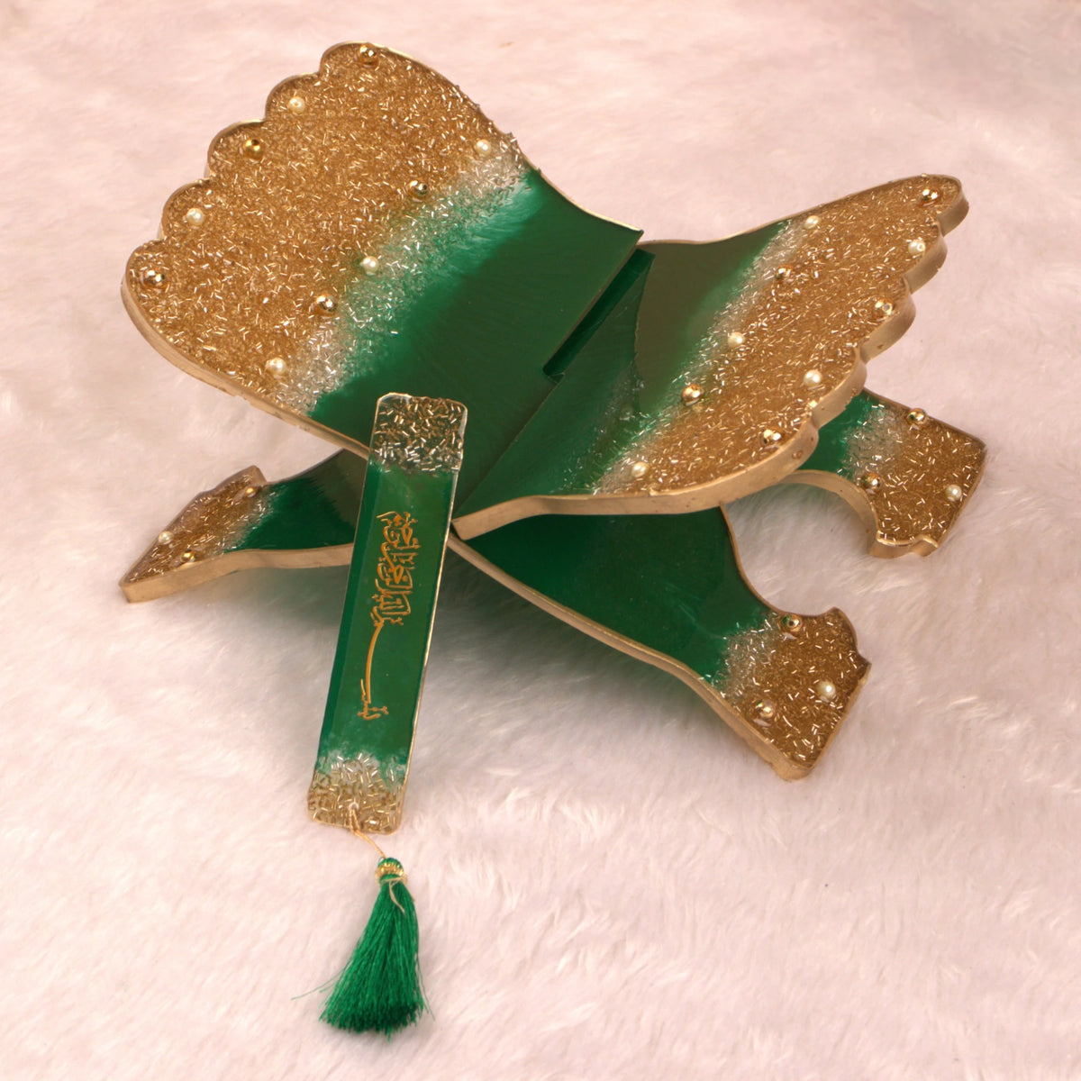 Green and gold glittered Rehal with matching Islamic bookmark from the Sawab-E-Jariya Hamper, part of a luxury Quran gift set.