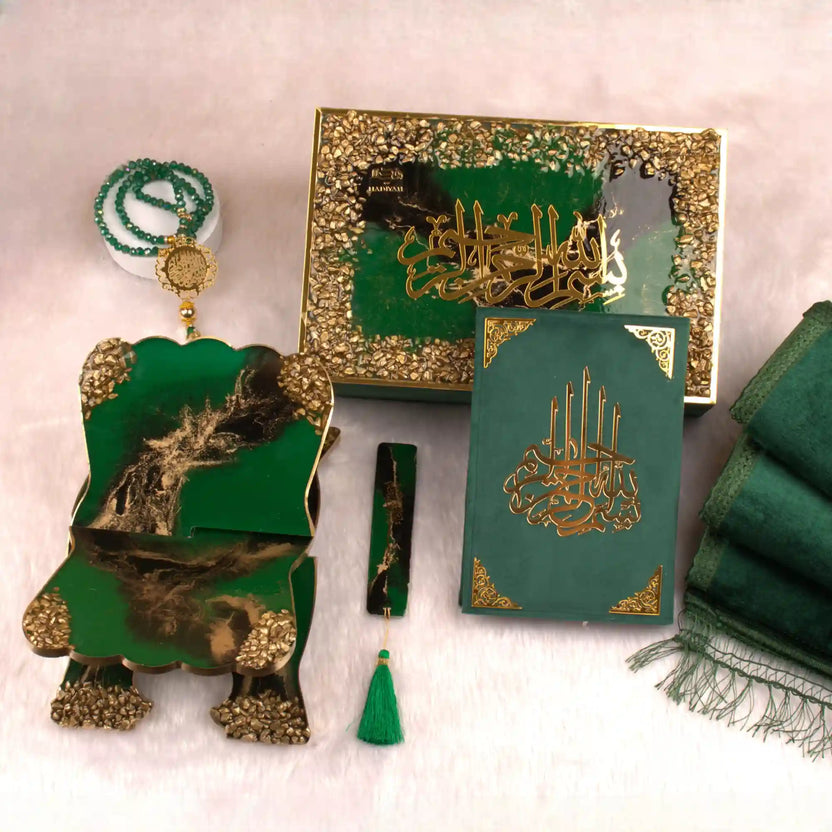 Sawab-E-Jariya Gift Hamper with premium green Quran, gold-detailed Rehal, Tasbeeh, and matching accessories. Ideal Islamic gift set for Eid or weddings. Main image