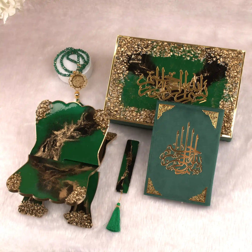 Green Stones Rehal Hamper - Islamic Gift Set with velvet Quran, resin Rehal, Tasbeeh, and bookmark in a decorative box. Ideal Quran gift set online. Main image