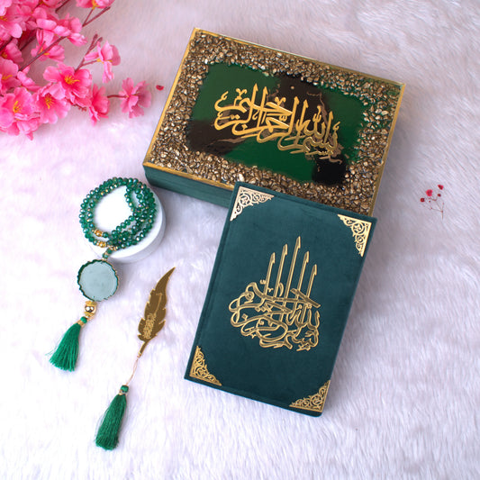 Elegant Green Stones Tilawat-e-Quran set with Quran, gemstone Tasbeeh, and feather bookmark, ideal for Ramadan, Eid, or Nikah gifting.