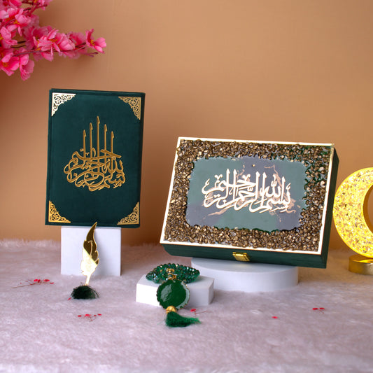 Green Stones Tilawat-e-Quran Gift Hamper featuring a velvet Quran, decorative box with Islamic calligraphy, green Tasbeeh, and feather bookmark.