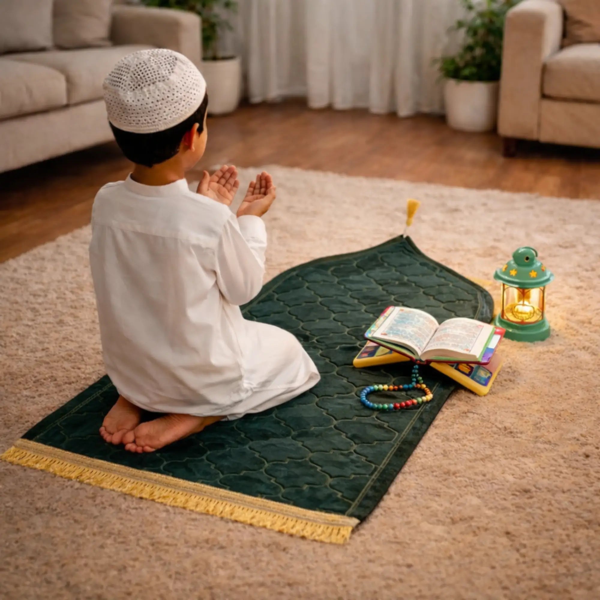 Green Kids Dome Prayer Rug used by child during salah; soft, foldable, and portable design ideal for ages 3-10 in religious settings. Main image