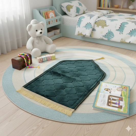 Green Kids Dome Prayer Rug placed in a child's room; soft and compact prayer mat perfect for young children learning salah.