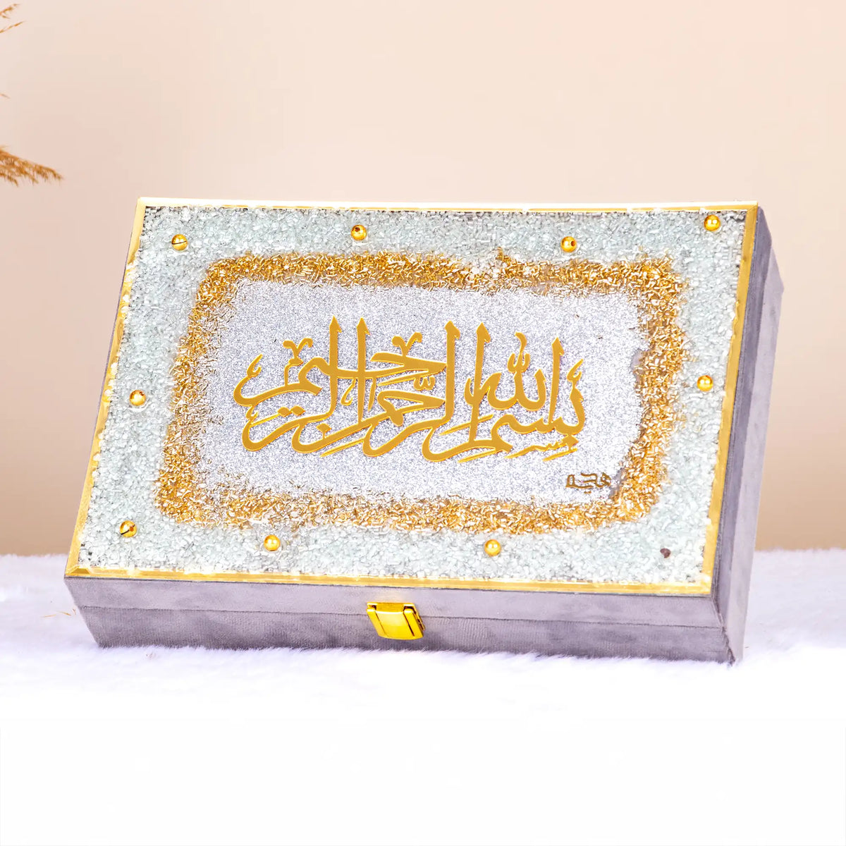 Silver Designer Box - Custom Gift Box with shimmering resin design and Arabic script. Great for gifting in weddings or religious events.