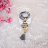 Grey Stones Sawab-E-Jariya Hamper – grey crystal acrylic Tasbeeh with 100 beads and golden Islamic medallion, spiritual gift component