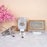 Velvet Quran Rehal Hamper in grey with golden sequence, featuring Holy Quran, Rehal, Tasbeeh, and decorative moon lamp. Ideal Sawab-e-Jariya gift set.