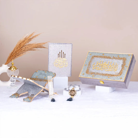 Premium Silver Bridal Hamper with Quran, rehal, tasbeeh, and velvet box from The Bling Collection. Perfect for bridal and wedding gifting.