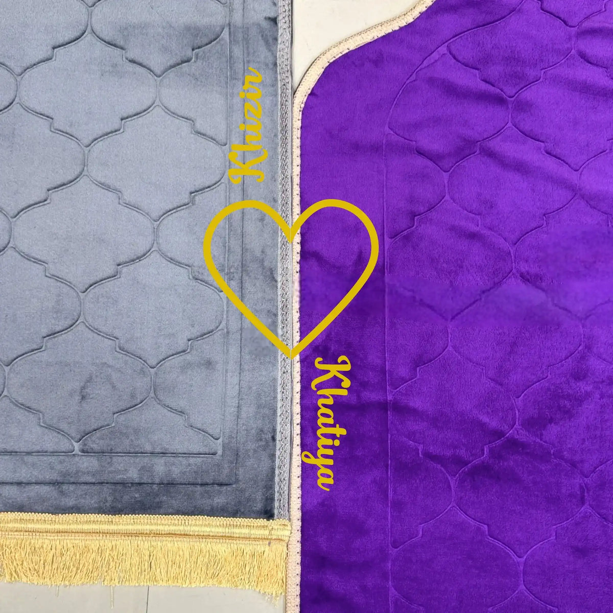 Two textured fabric samples, one gray and one purple, with 'Khazir' branding.