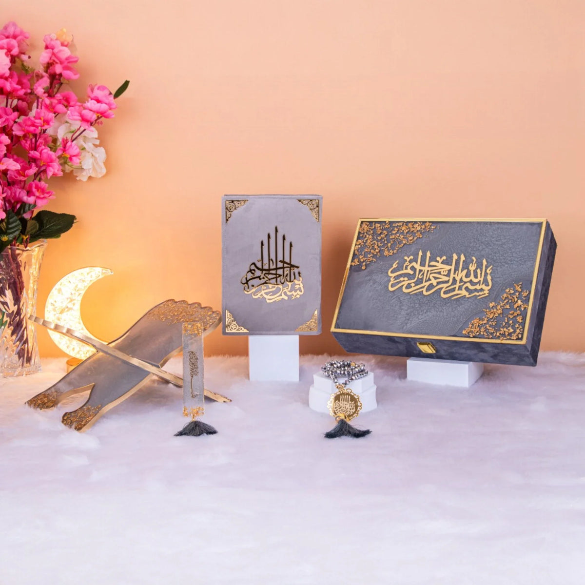 Bridal Hamper Gift Set - Grey Flakes Rehal featuring a velvet Quran, Rehal, Tasbeeh, and bookmark in elegant packaging. Ideal for weddings and gifting.