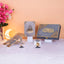 Bridal Hamper Gift Set - Grey Flakes Rehal featuring a velvet Quran, Rehal, Tasbeeh, and bookmark in elegant packaging. Ideal for weddings and gifting.