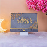 Grey Flakes Rehal Hamper – luxury grey designer gift box with gold Arabic calligraphy, elegant Islamic Rehal Hamper for Eid and Nikah