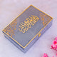 Gray Handmade Velvet Quran Box with gold Arabic calligraphy and corner accents. Stylish Islamic gift for Ramadan and prayer essentials.