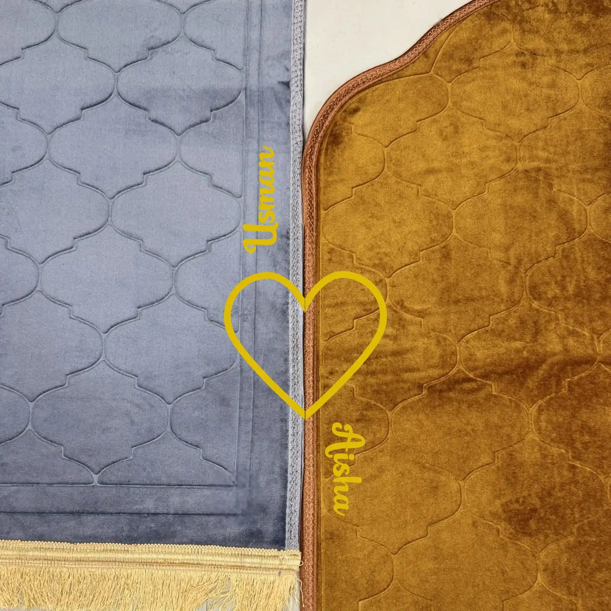 Two textured fabric samples, one blue and one brown, with 'Aisha' branding.