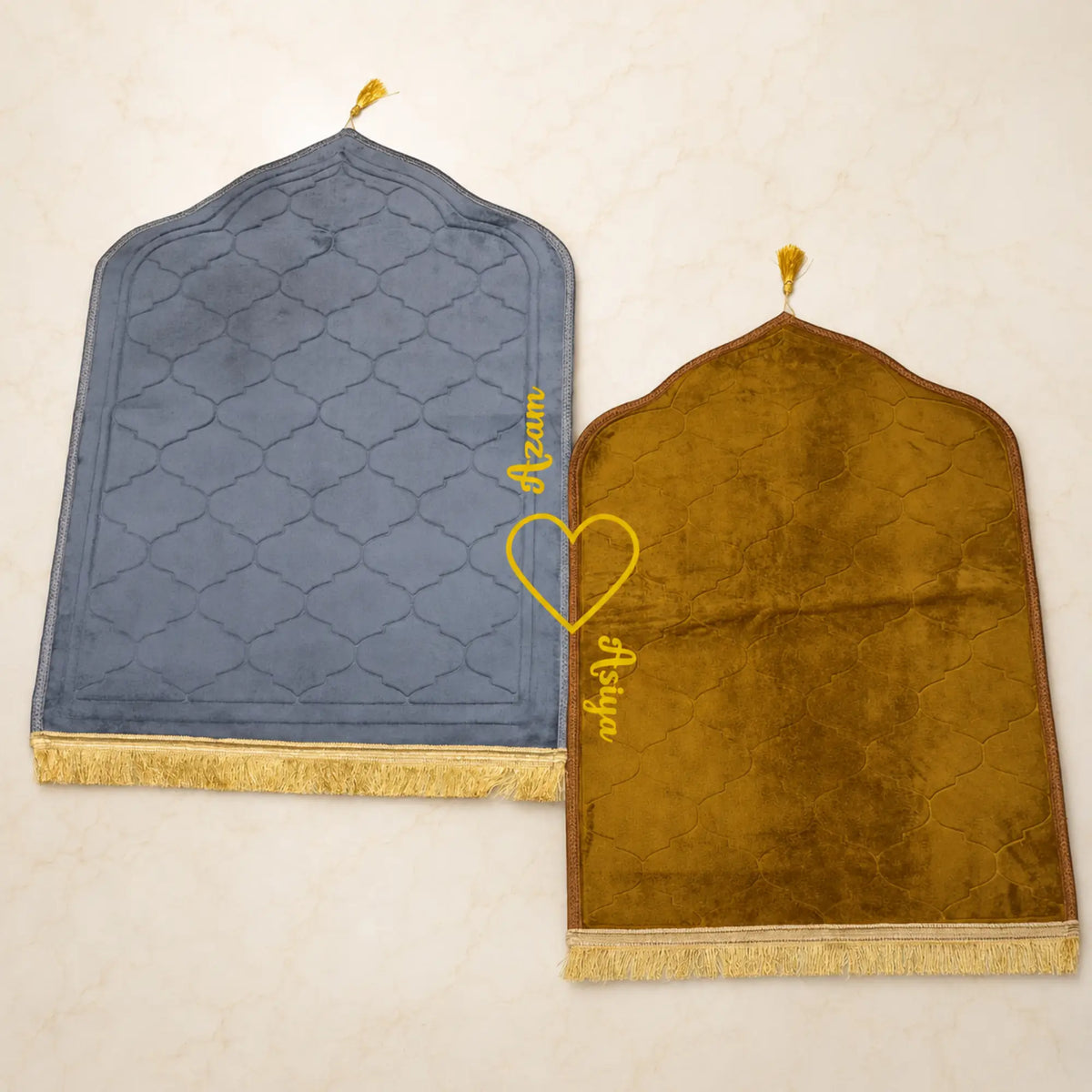 Grey Dome Couple Janamaz - Heart Design set featuring grey and golden prayer mats with dome shape and yellow heart motif, ideal for wedding gifts.
