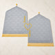Velvet prayer mats in grey and navy with gold tassels labeled 'Zulekha' and 'Saleha' from the Bridal Sawab-e-Jariya Gift Set.